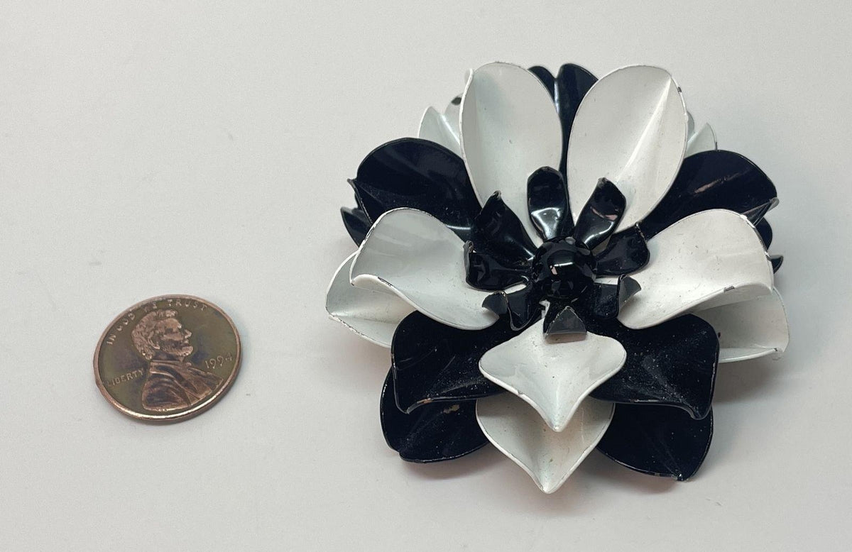 Black and white enamel flower brooch in gold-tone setting, view 2
