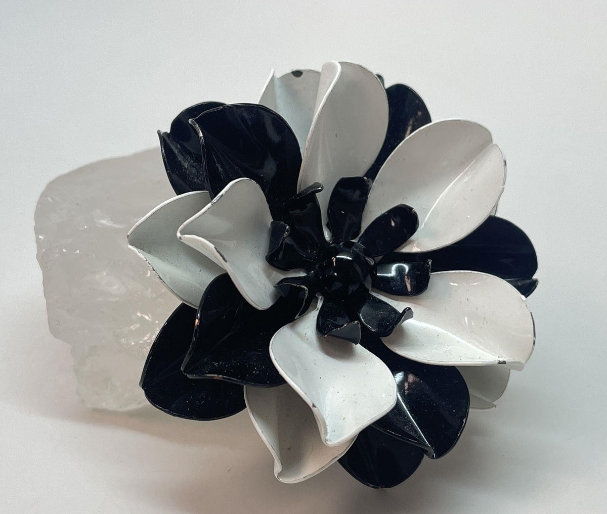 Black and white enamel flower brooch in gold-tone setting, view 4