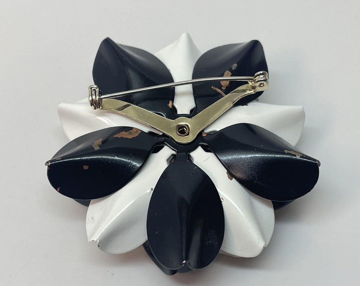 Black and white enamel flower brooch in gold-tone setting, view 6