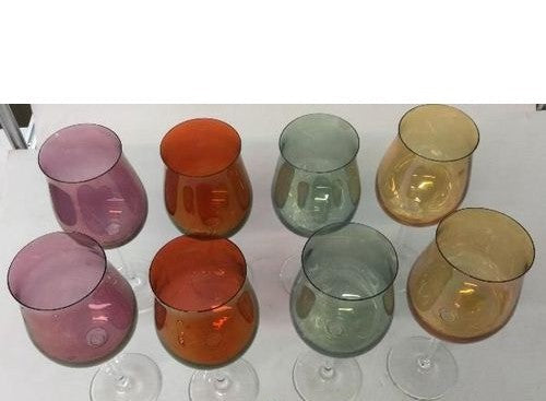 Eight long-stem wine glasses with green, orange, purple and red bowls and clear stems, view 7