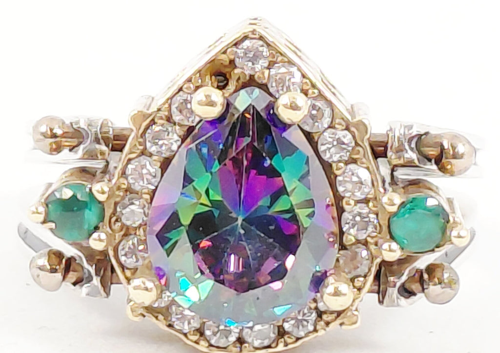 925 Silver Chrysoprase & Mystic CZ Reversible Cocktail Ring Size 7.5 (Missing 1 stone)