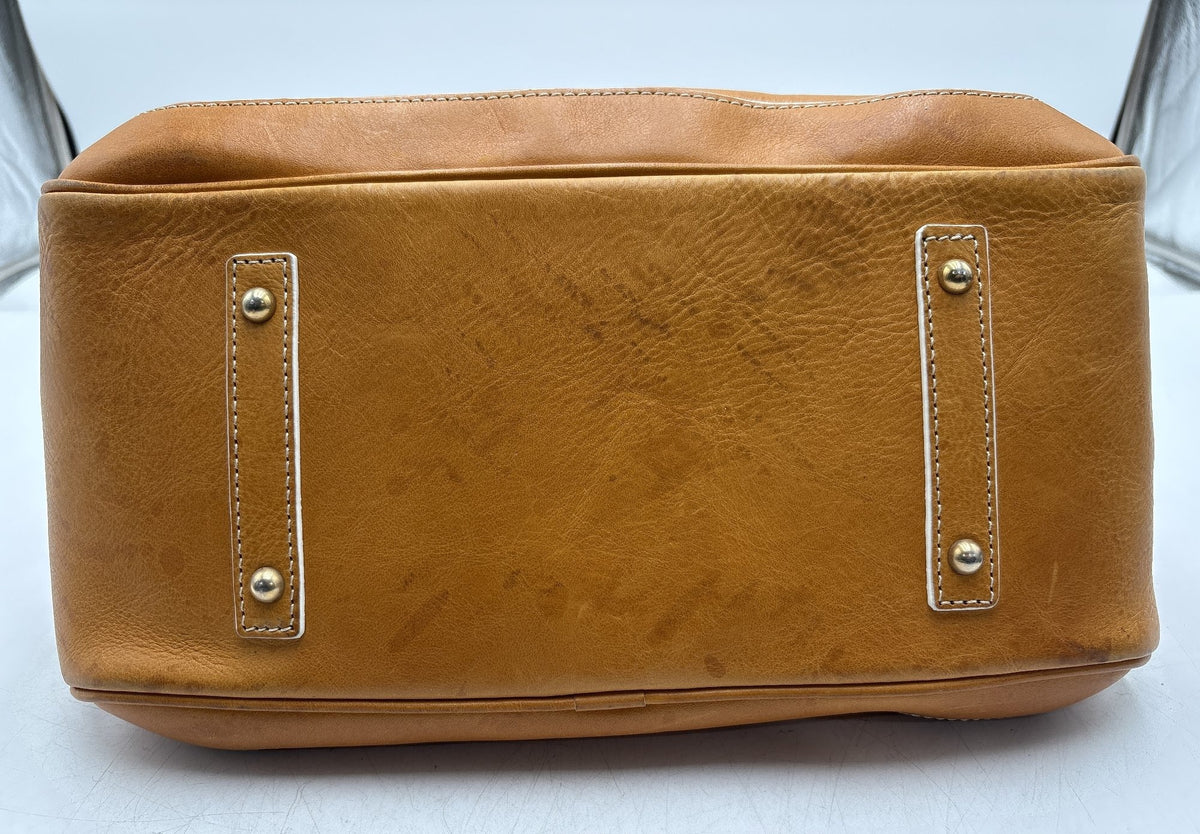 Dooney and Bourke caramel brown leather satchel with brass-tone hardware and rolled handles, view 7