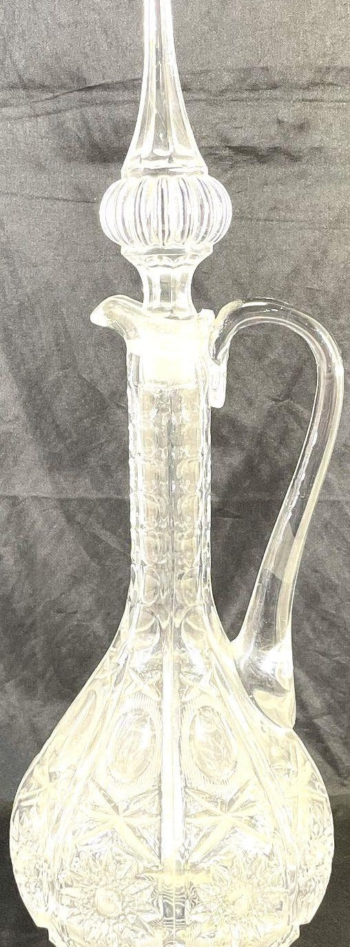 Vintage Pinwheel Cut Crystal Handled Claret Jug Decanter with Stopper
