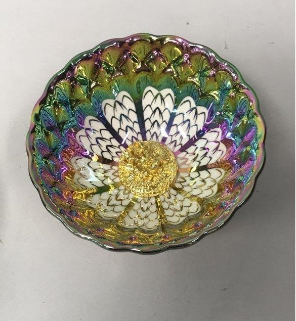 Two small peacock-style gold, silver and multicolor metallic ceramic cups in decorative box, view 7