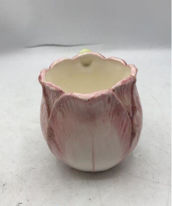 Pink tulip-shaped ceramic teapot with creamer and sugar bowl and green leaf accents, view 7