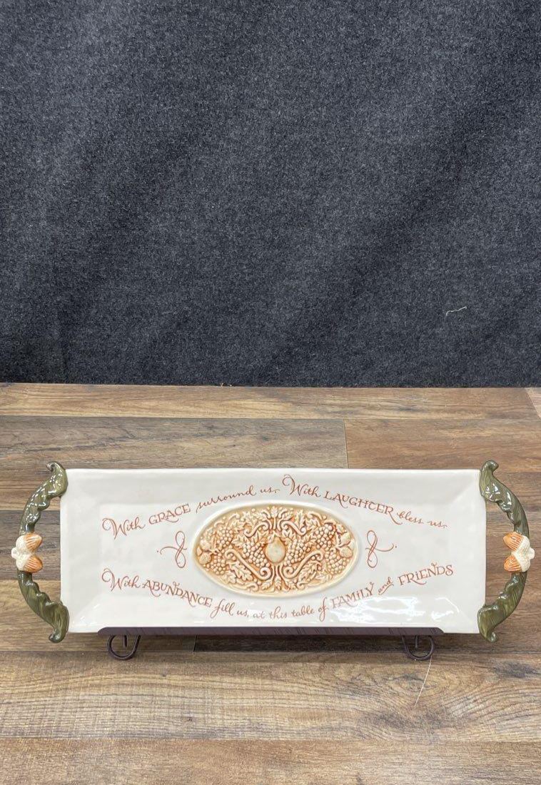 Traditions by Amscan Harvest Blessing Ceramic Serving Tray 17" with Stand, 2-Piece Set