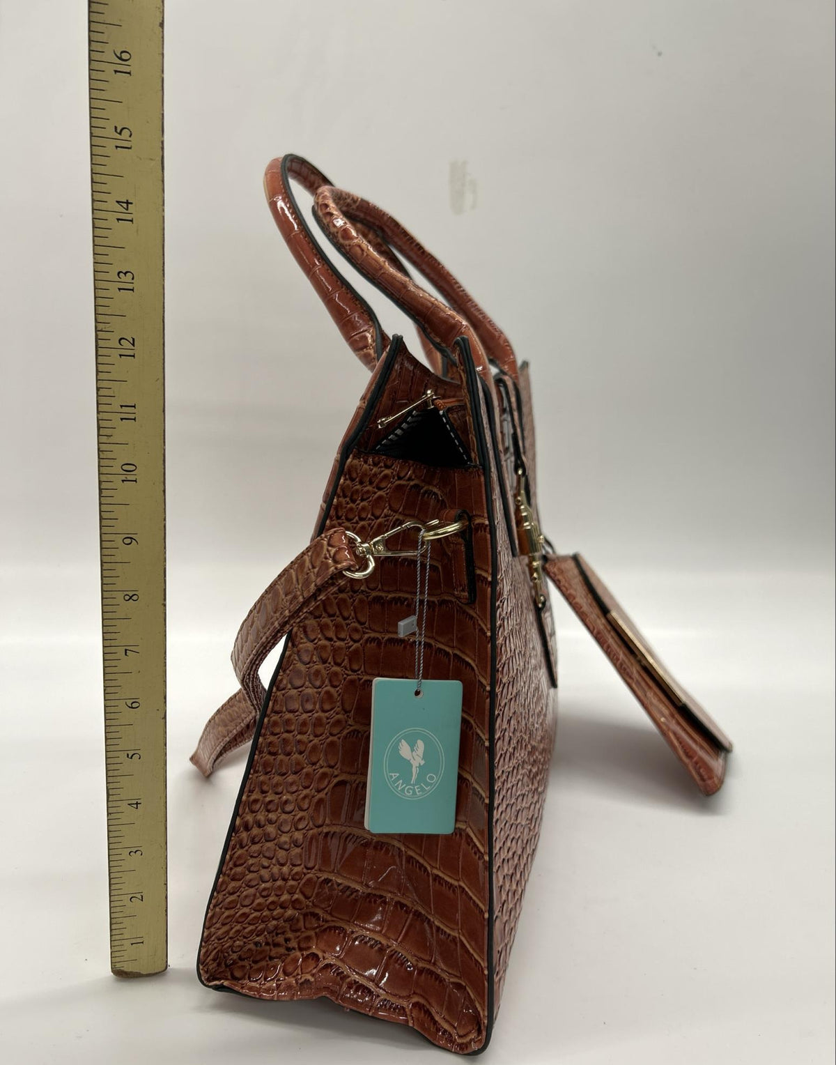 Glossy cognac brown croc embossed satchel with matching wristlet pouch and strap, view 3