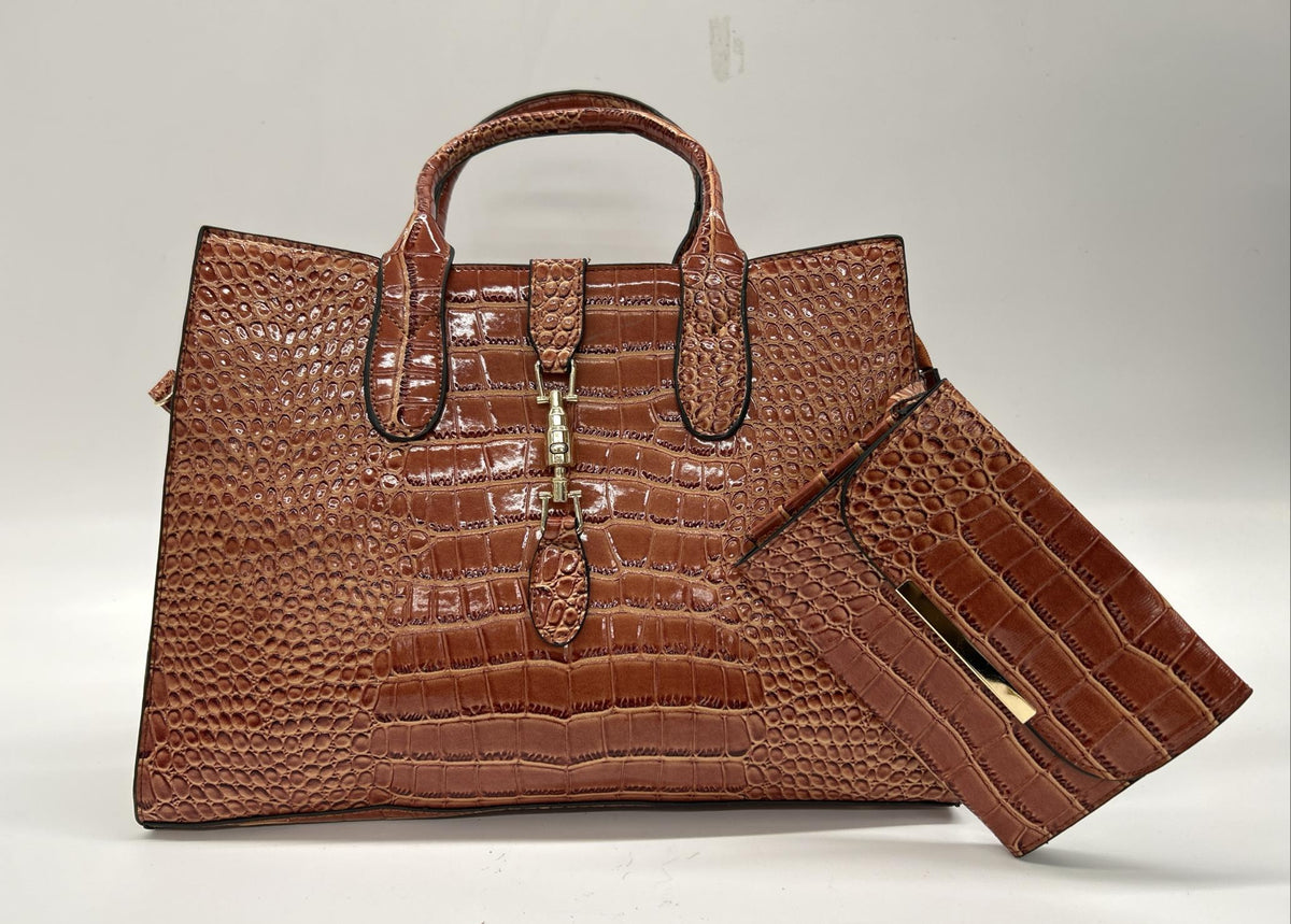 Glossy cognac brown croc embossed satchel with matching wristlet pouch and strap, view 6