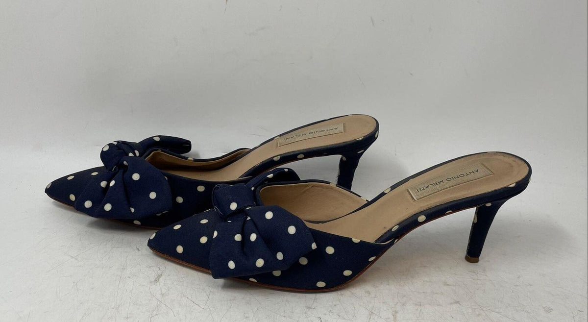 Antonio Melani blue and white polka dot pointed toe mule heels, view 4