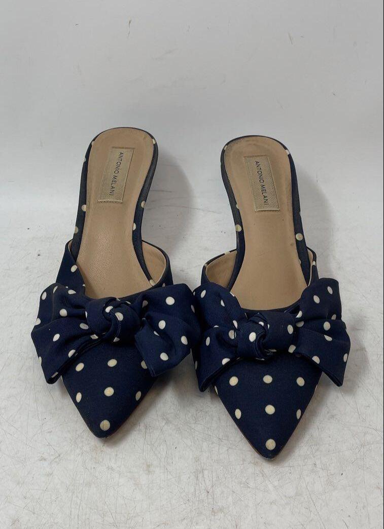 Antonio Melani blue and white polka dot pointed toe mule heels, view 6