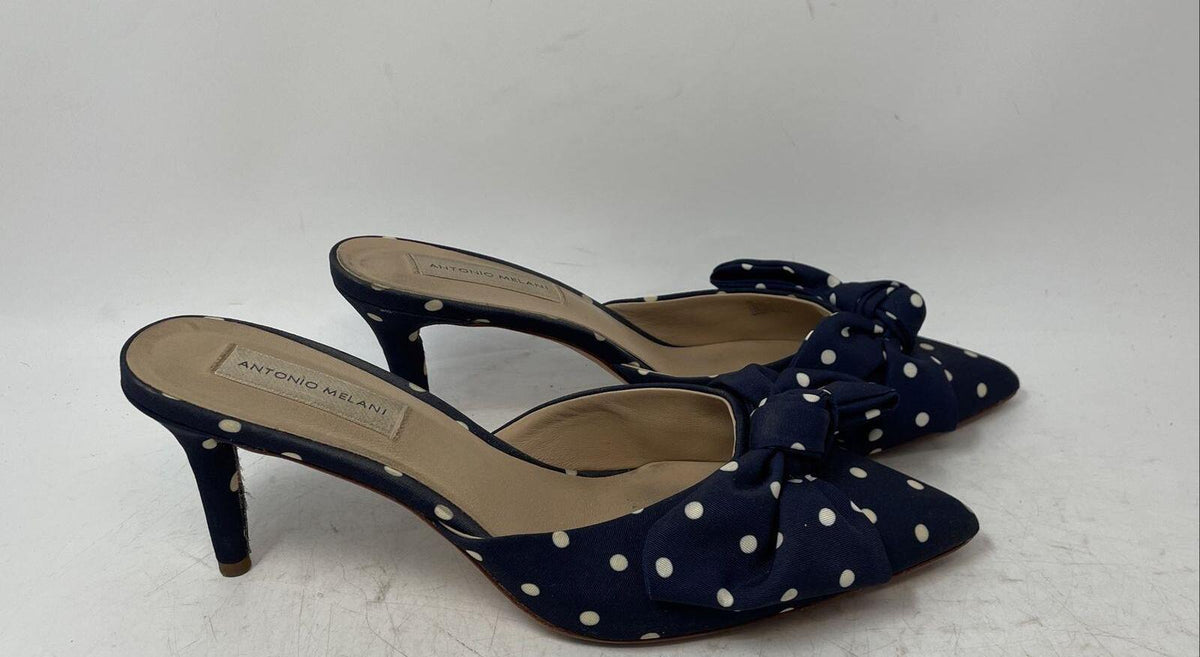 Antonio Melani blue and white polka dot pointed toe mule heels, view 7