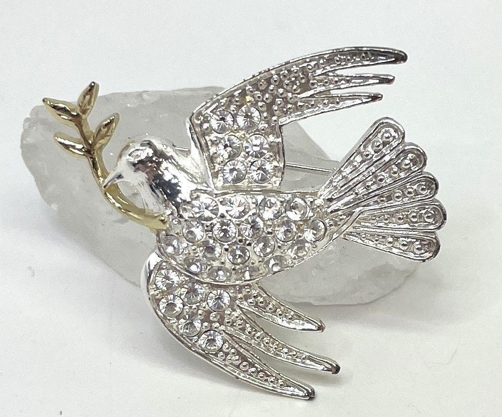Avon Two Tone Dove Brooch with Olive Branch Rhinestones Gold & Silver Tone Peace Pin