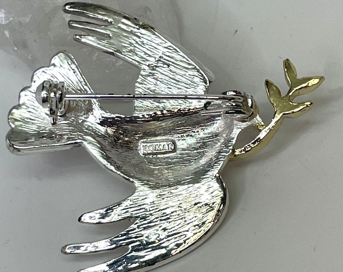 Two-tone dove brooch with silver-tone body, gold-tone olive branch and rhinestones, view 3