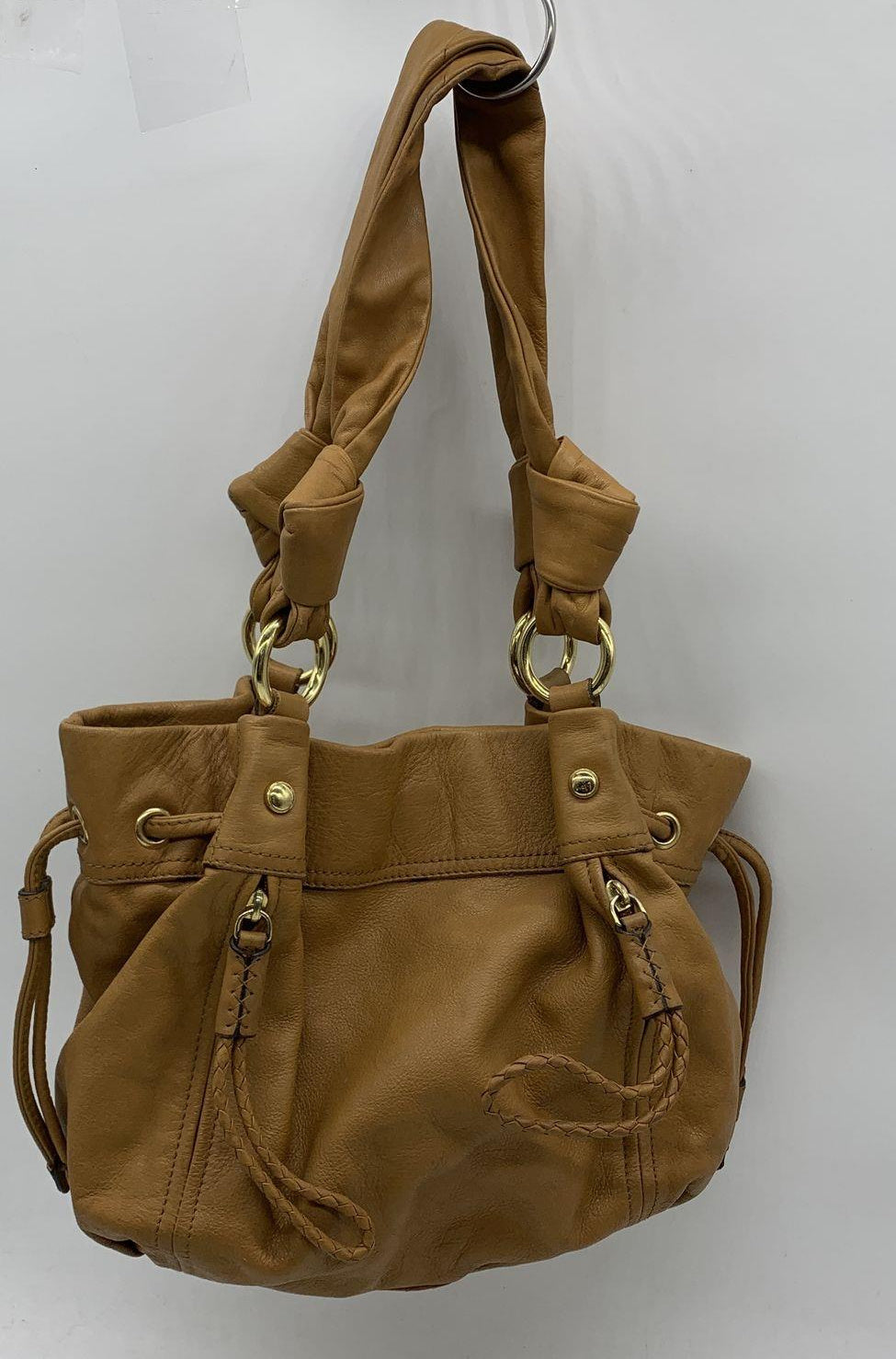 Tan leather hobo shoulder bag with gathered body and dual shoulder straps, view 4