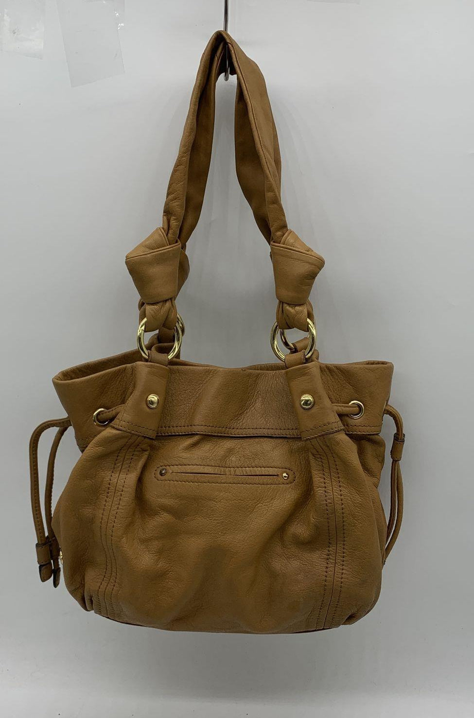 Tan leather hobo shoulder bag with gathered body and dual shoulder straps, view 5
