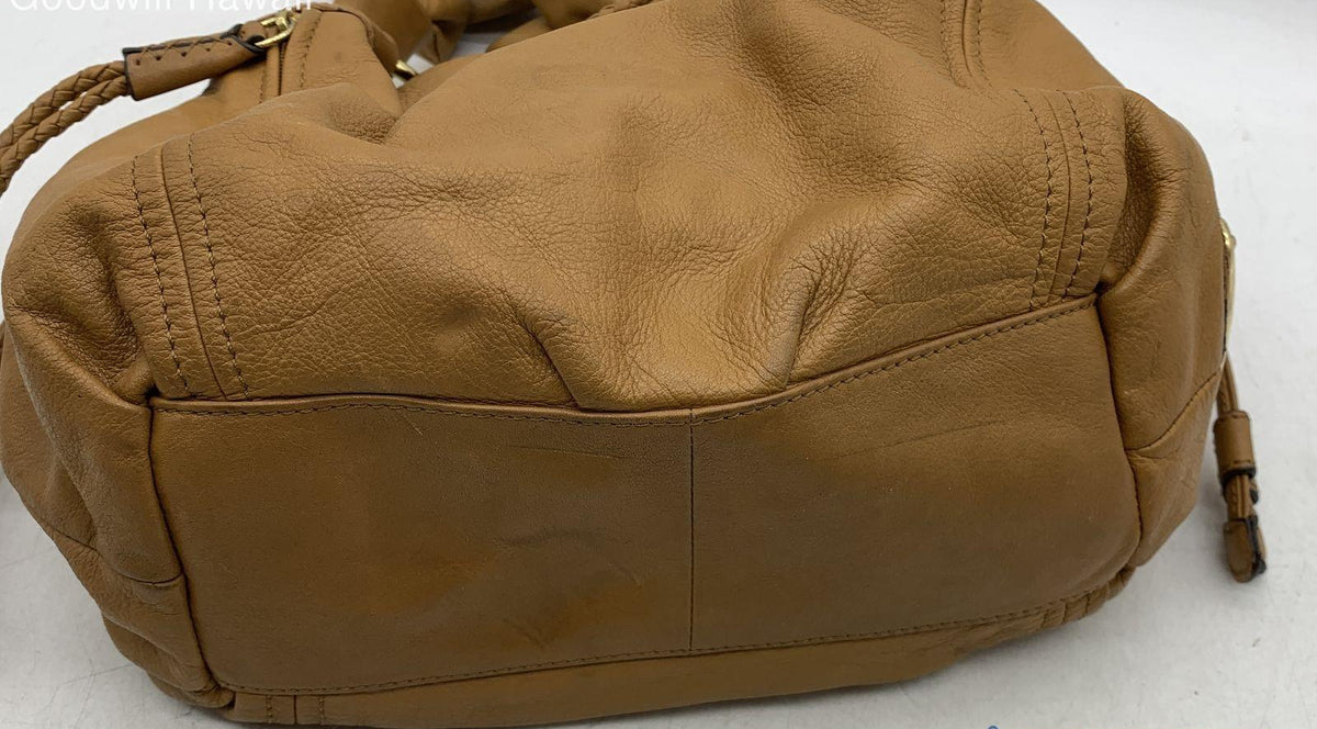 Tan leather hobo shoulder bag with gathered body and dual shoulder straps, view 7