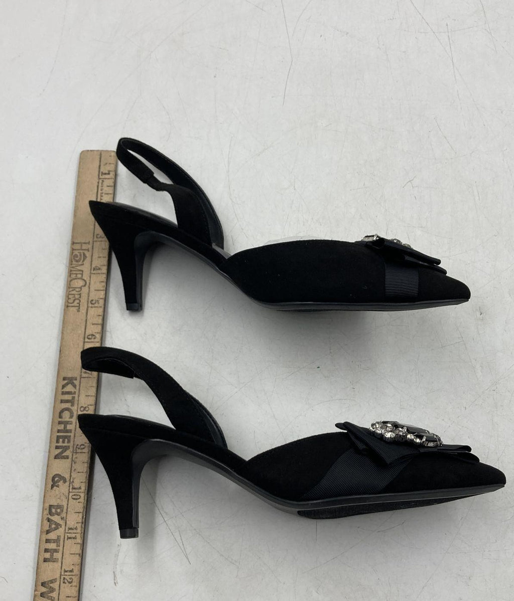Bandolino Black Slingback Pumps with Beaded Bow Accent, Size 8 Pointed Toe Heels