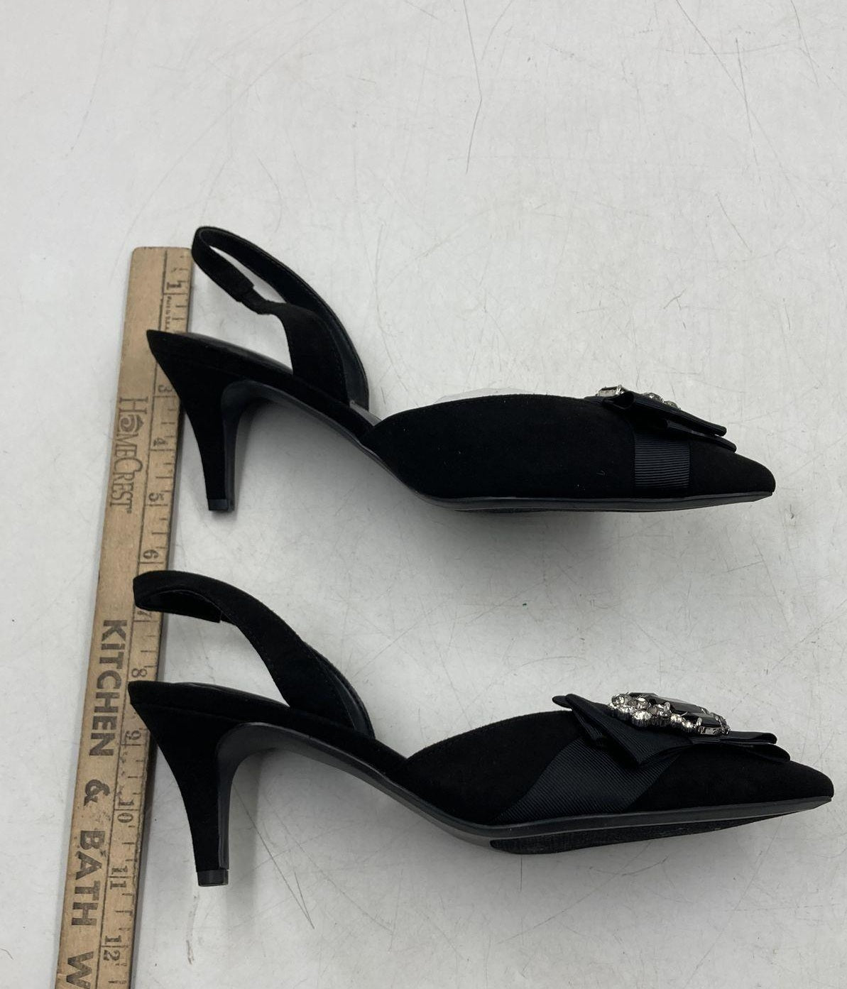 Bandolino Black Slingback Pumps with Beaded Bow Accent, Size 8 Pointed Toe Heels