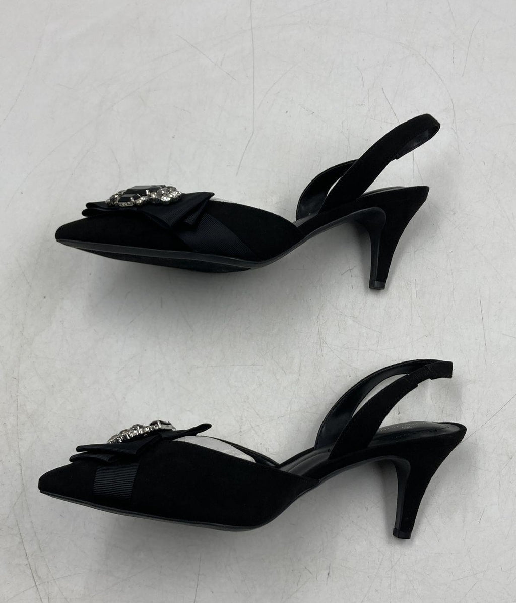 Bandolino Black Slingback Pumps with Beaded Bow Accent, Size 8 Pointed Toe Heels