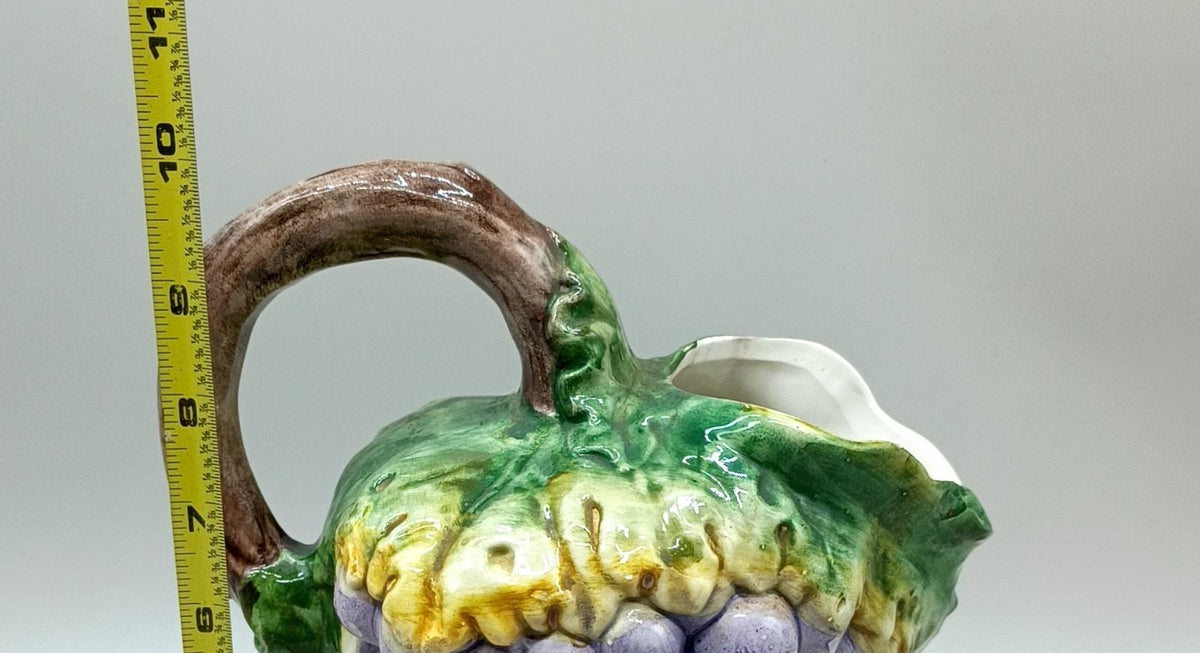 Bassano Italy purple grape cluster ceramic pitcher with green leaves and brown vine handle, view 5