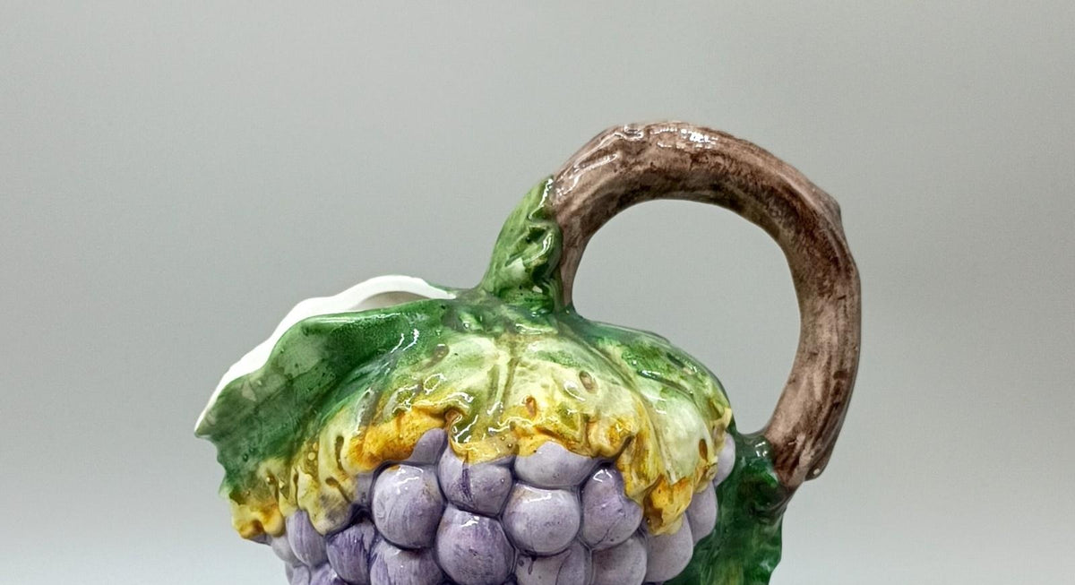 Bassano Italy purple grape cluster ceramic pitcher with green leaves and brown vine handle, view 7