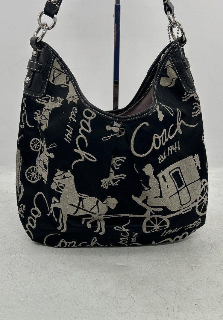 Coach black Horse and Carriage print hobo bag with leather trim, view 5