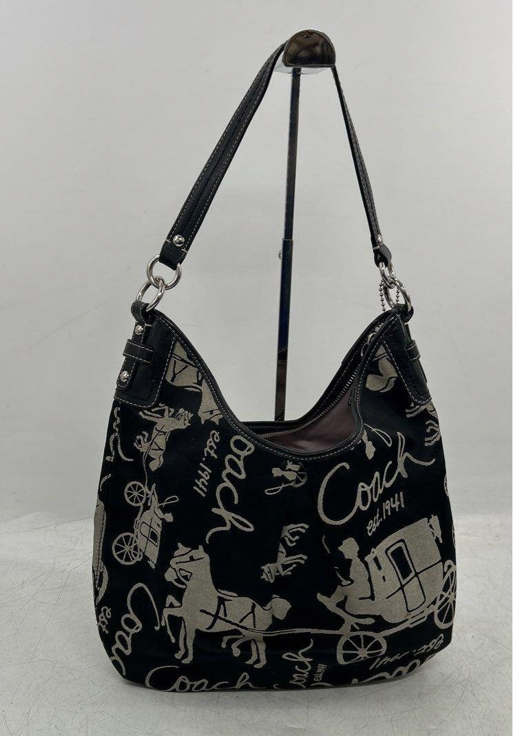 Coach Horse and Carriage Hobo Bag Black Canvas Leather Trim Shoulder Handbag