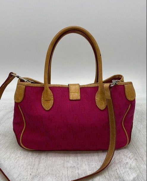 Dooney and Bourke Pink Canvas Satchel Bag with Tan Leather Trim, Top Handle Designer Purse