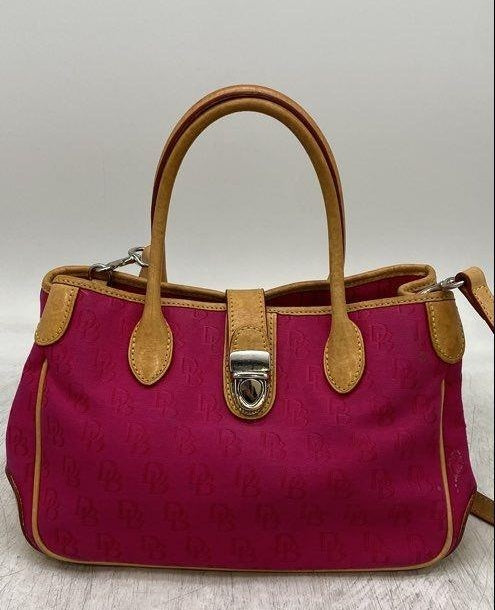 Dooney and Bourke Pink Canvas Satchel Bag with Tan Leather Trim, Top Handle Designer Purse