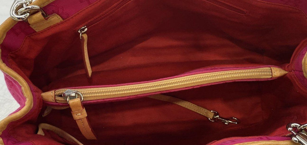 Dooney and Bourke Pink Canvas Satchel Bag with Tan Leather Trim, Top Handle Designer Purse