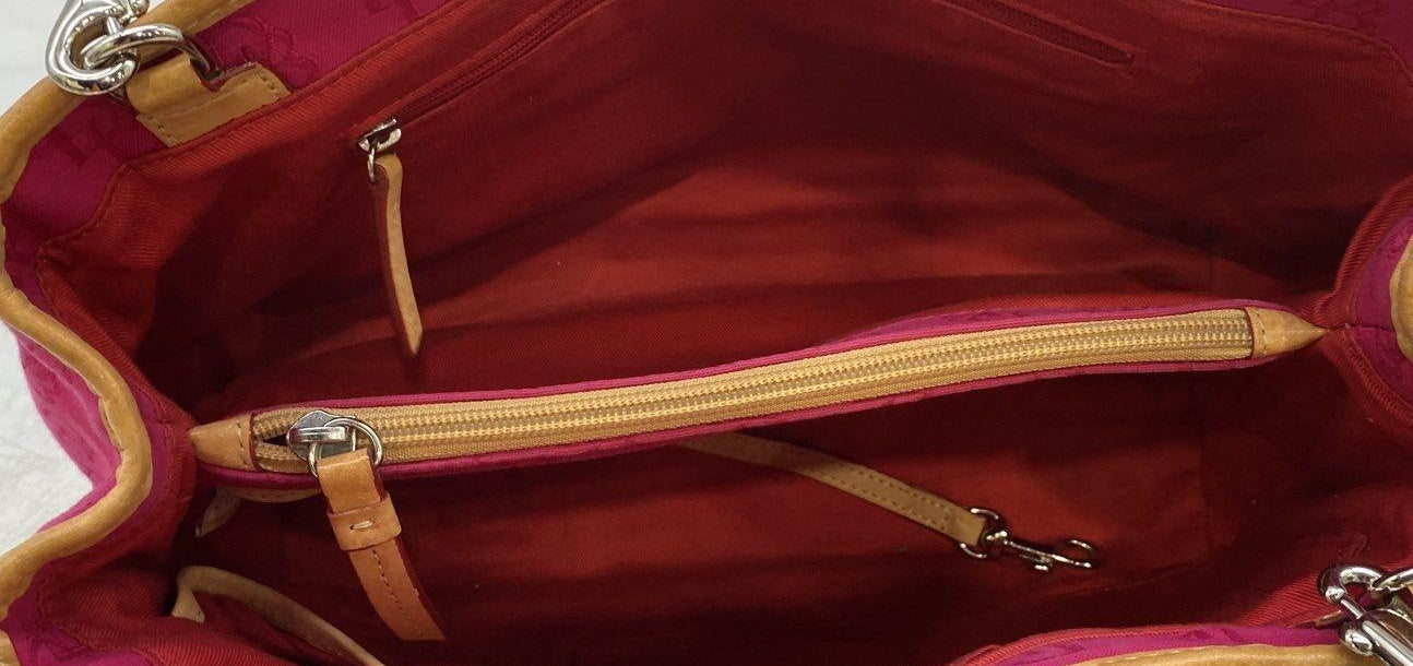 Dooney and Bourke Pink Canvas Satchel Bag with Tan Leather Trim, Top Handle Designer Purse