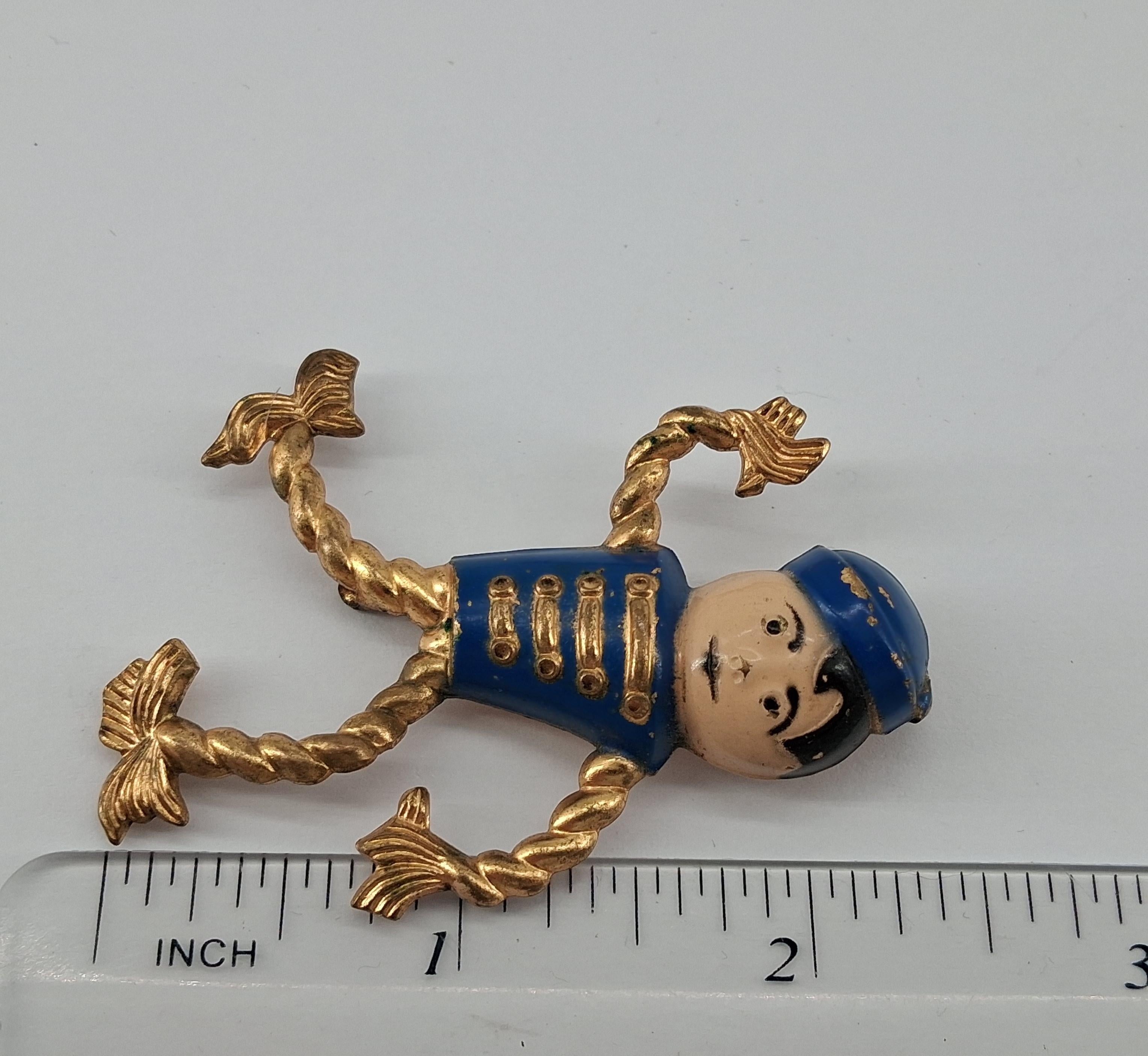 Vintage Bell Boy Soldier Brooch, Enamel & Brass Figural Articulated Character Pin