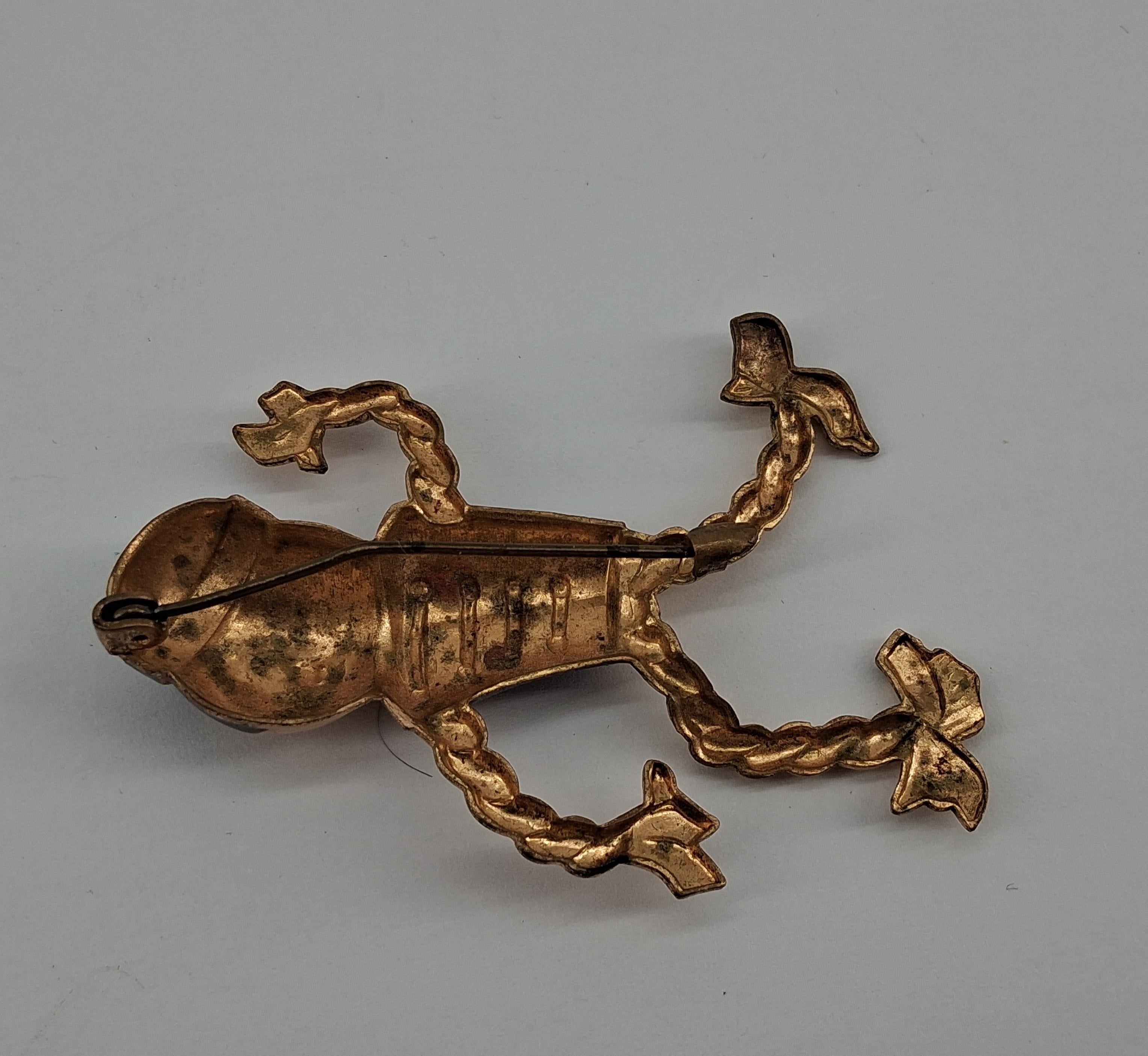 Vintage Bell Boy Soldier Brooch, Enamel & Brass Figural Articulated Character Pin