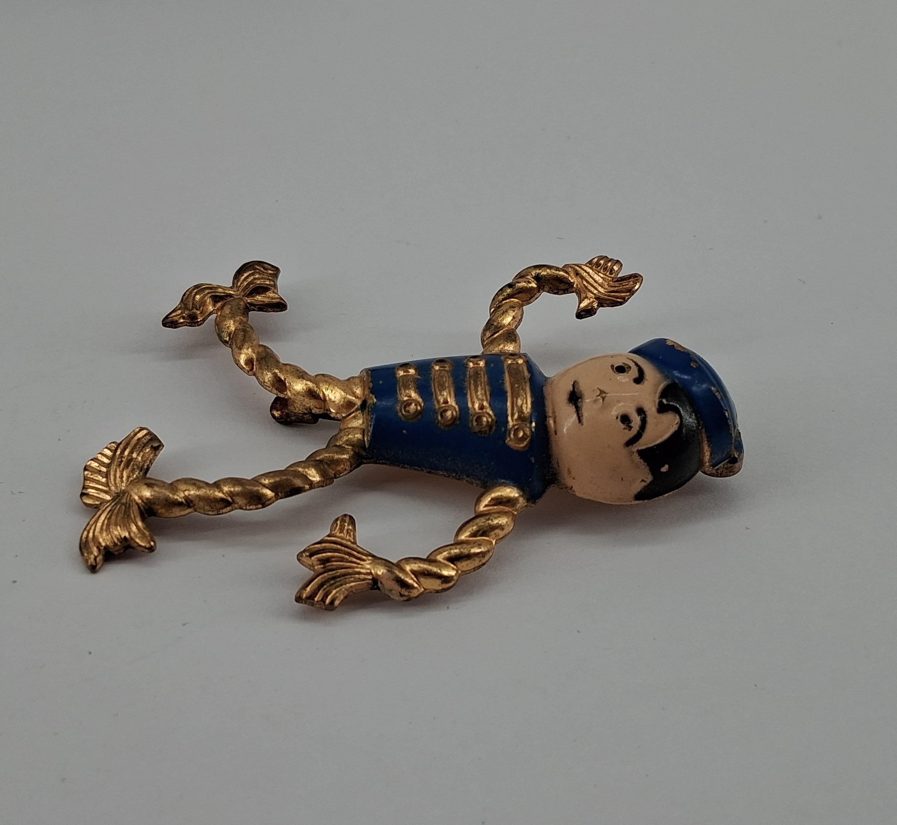 Vintage Bell Boy Soldier Brooch, Enamel & Brass Figural Articulated Character Pin