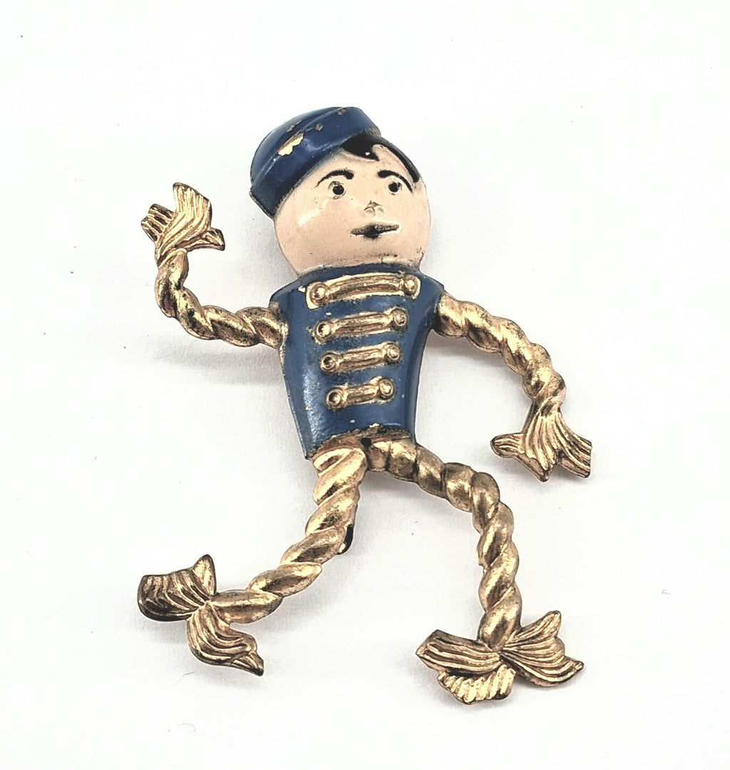 Vintage Bell Boy Soldier Brooch, Enamel & Brass Figural Articulated Character Pin