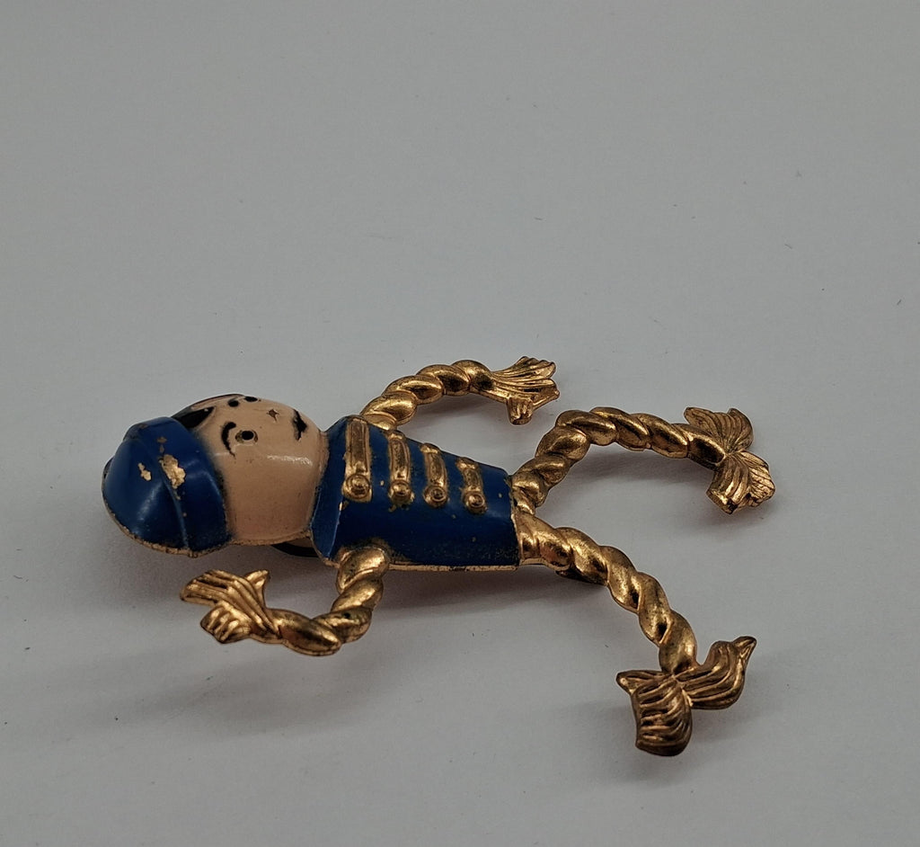 Vintage Bell Boy Soldier Brooch, Enamel & Brass Figural Articulated Character Pin