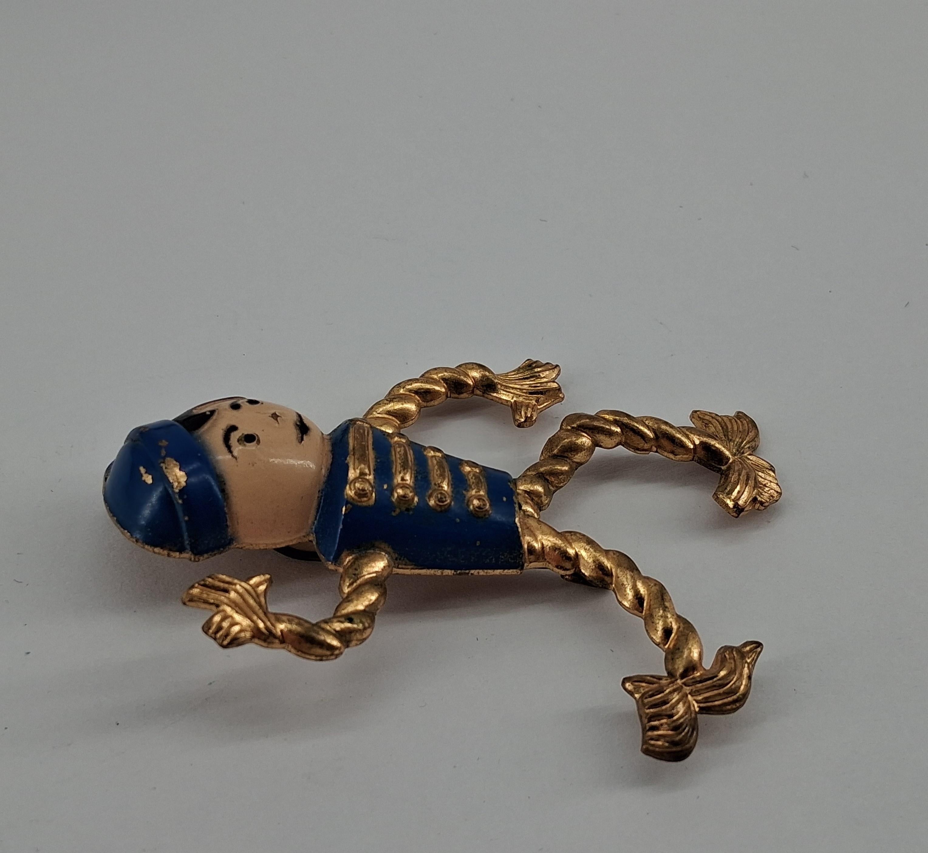 Vintage Bell Boy Soldier Brooch, Enamel & Brass Figural Articulated Character Pin