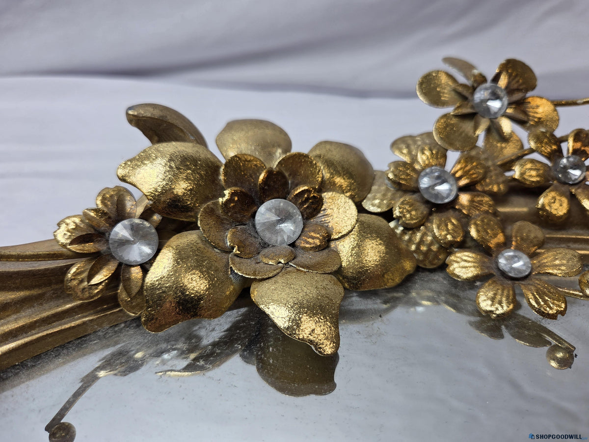 Decorative Gold Ornate Mirror Tray with Floral Embellishments