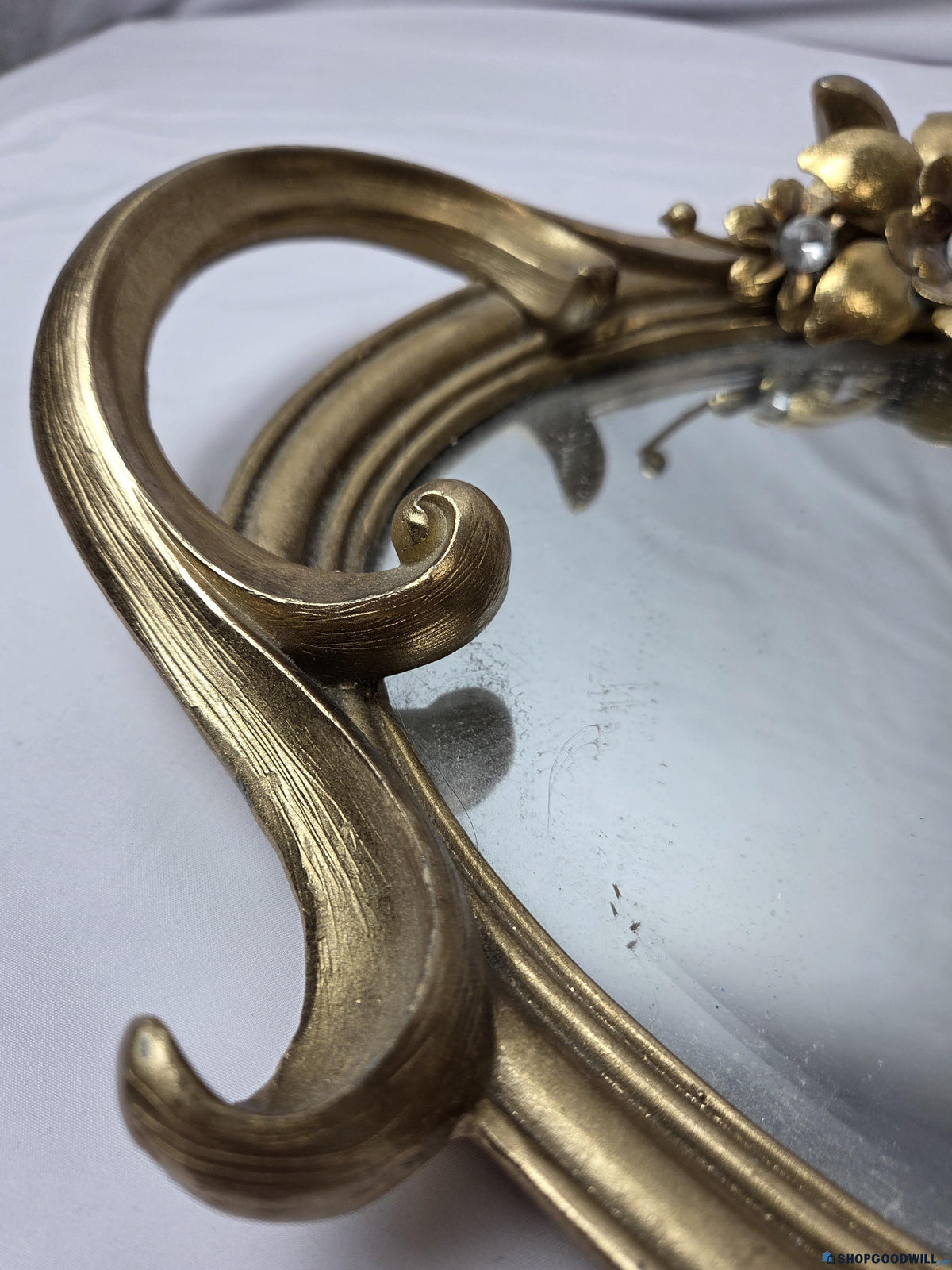 Decorative Gold Ornate Mirror Tray with Floral Embellishments
