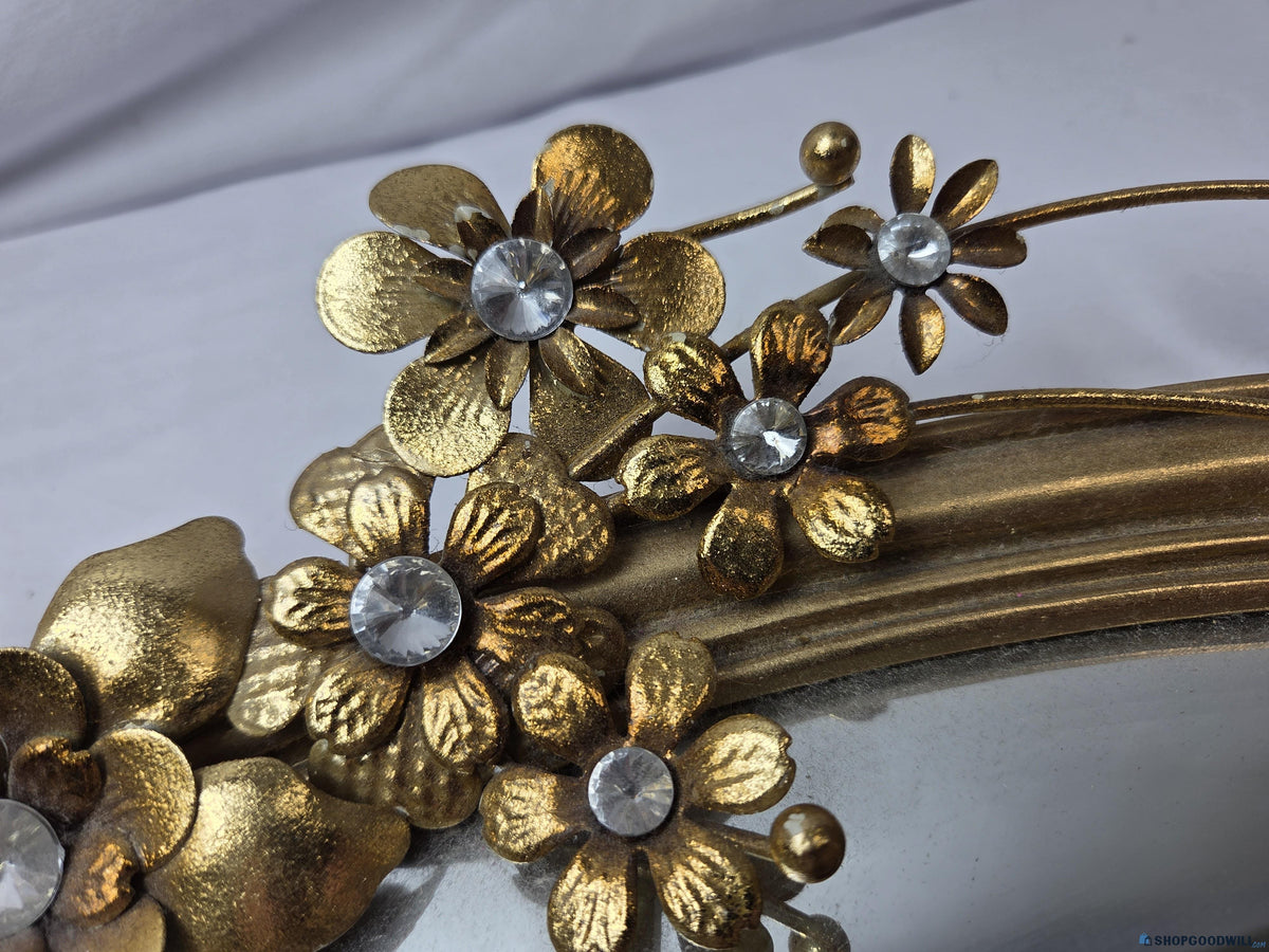 Decorative Gold Ornate Mirror Tray with Floral Embellishments