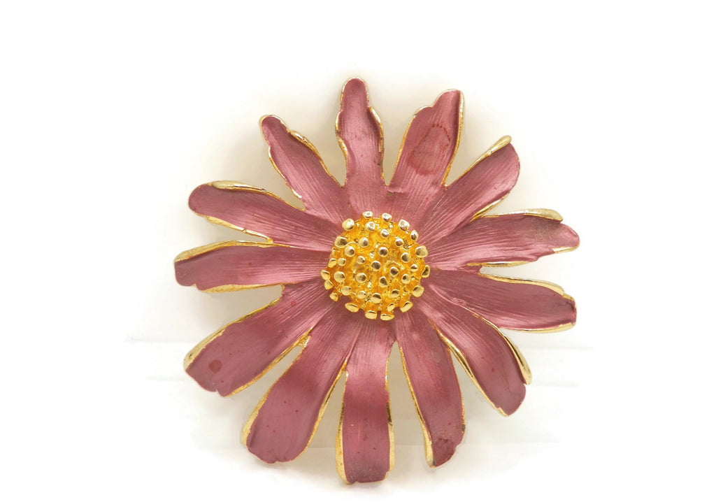 Large Vintage Gold Tone Purple Pink Flower Brooch, Dimensional Daisy Statement Pin