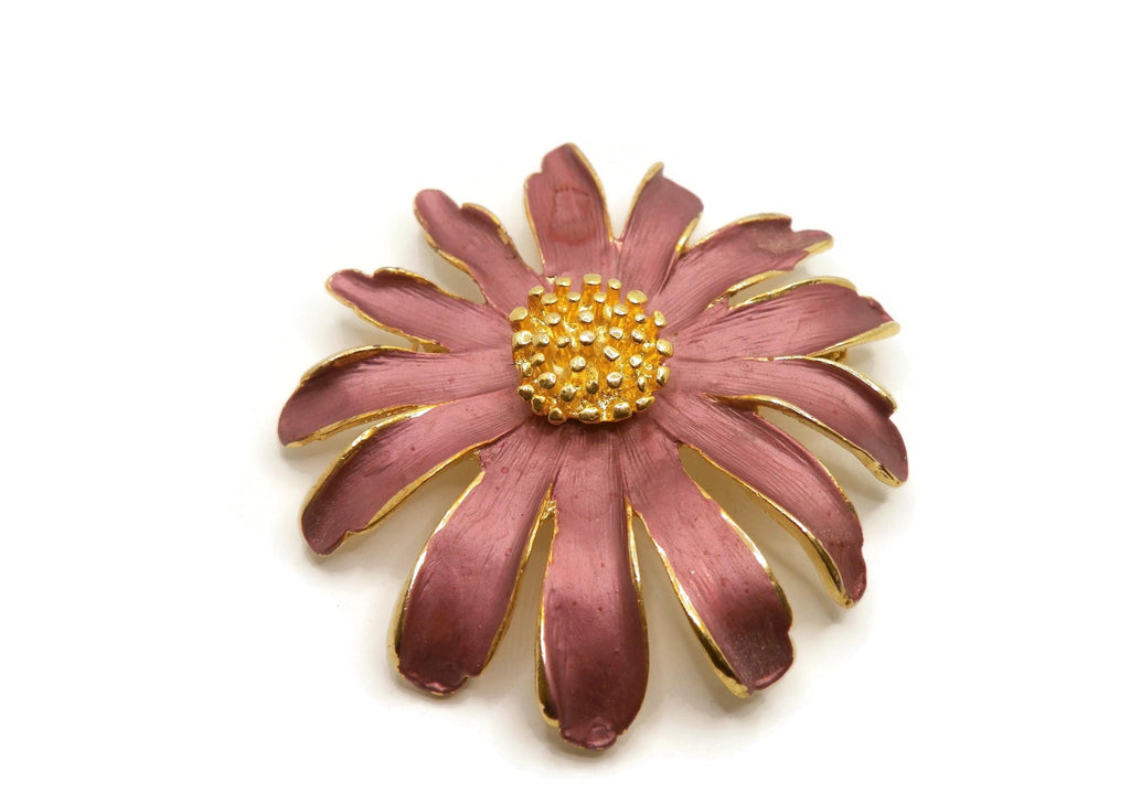Large Vintage Gold Tone Purple Pink Flower Brooch, Dimensional Daisy Statement Pin