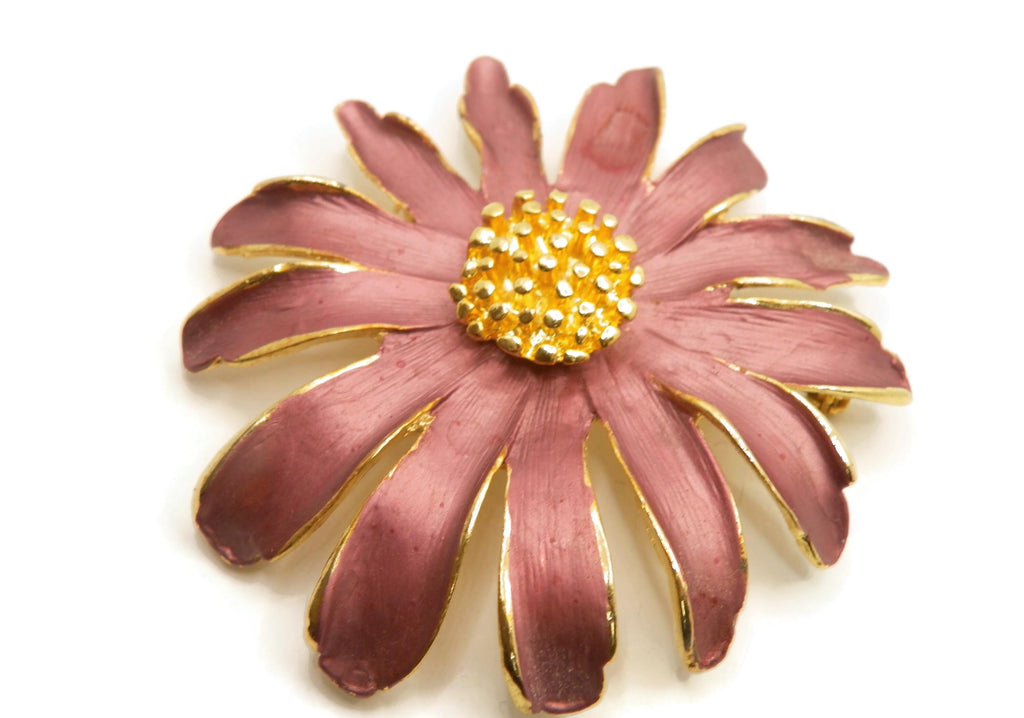 Large Vintage Gold Tone Purple Pink Flower Brooch, Dimensional Daisy Statement Pin