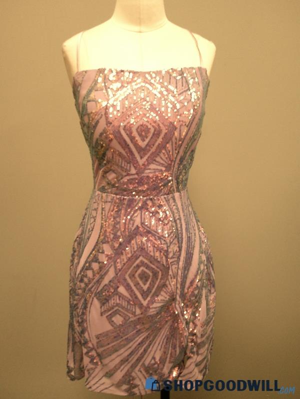Lavender and purple sequin mini dress with lace-up open back, view 2