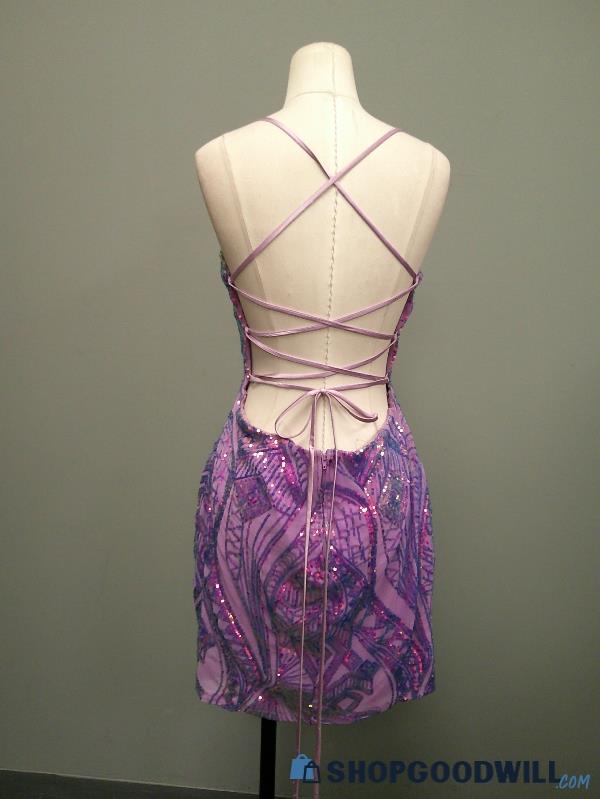 Lavender and purple sequin mini dress with lace-up open back, view 3