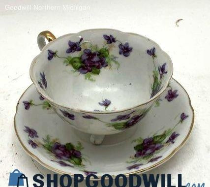 1950s Lefton China White and Purple Porcelain Footed Tea Cup and Saucer Set