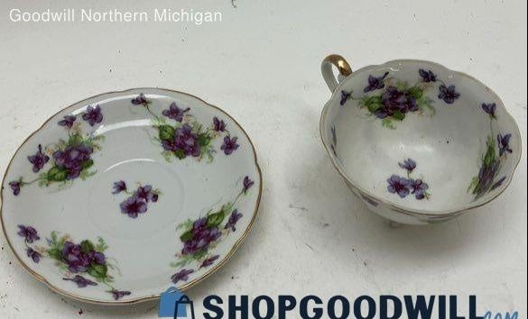 1950s Lefton China White and Purple Porcelain Footed Tea Cup and Saucer Set