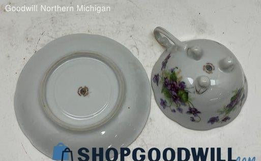 1950s Lefton China White and Purple Porcelain Footed Tea Cup and Saucer Set