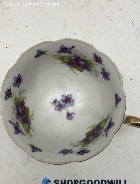 1950s Lefton China White and Purple Porcelain Footed Tea Cup and Saucer Set
