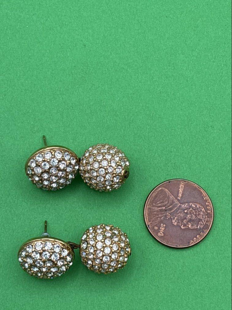 Swarovski gold-tone domed button earrings with clear pavé crystals, view 3